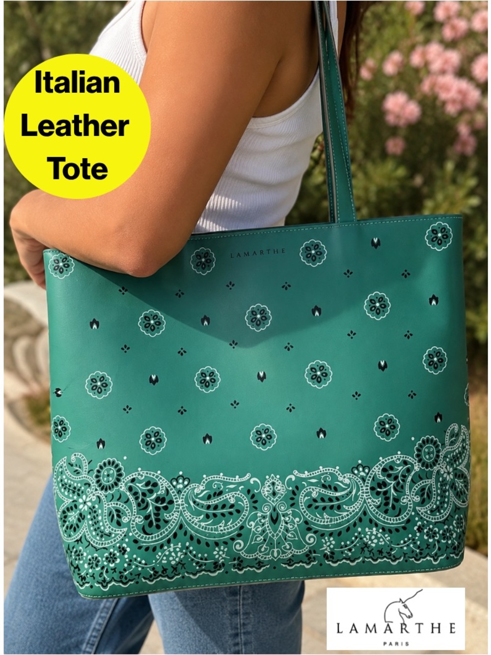 LAMARTHE 💙 Aqua/Teal Leather Tote Bag, Zipper Closure